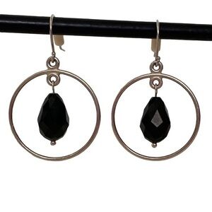 Hand Crafted 925 Sterling Silver Black Crystal Beaded Hoop Drop Earrings NEW